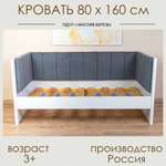 Кровать детская 160*80 Алатойс подростковая деревянная с велюром серая