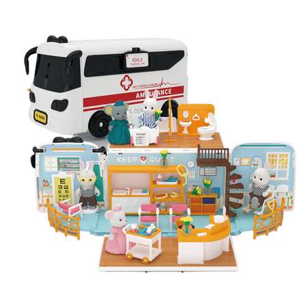 Кукольный домик SHARKTOYS с мебелью и куклой фигуркой животного скорая помощь в машинке-чемодане