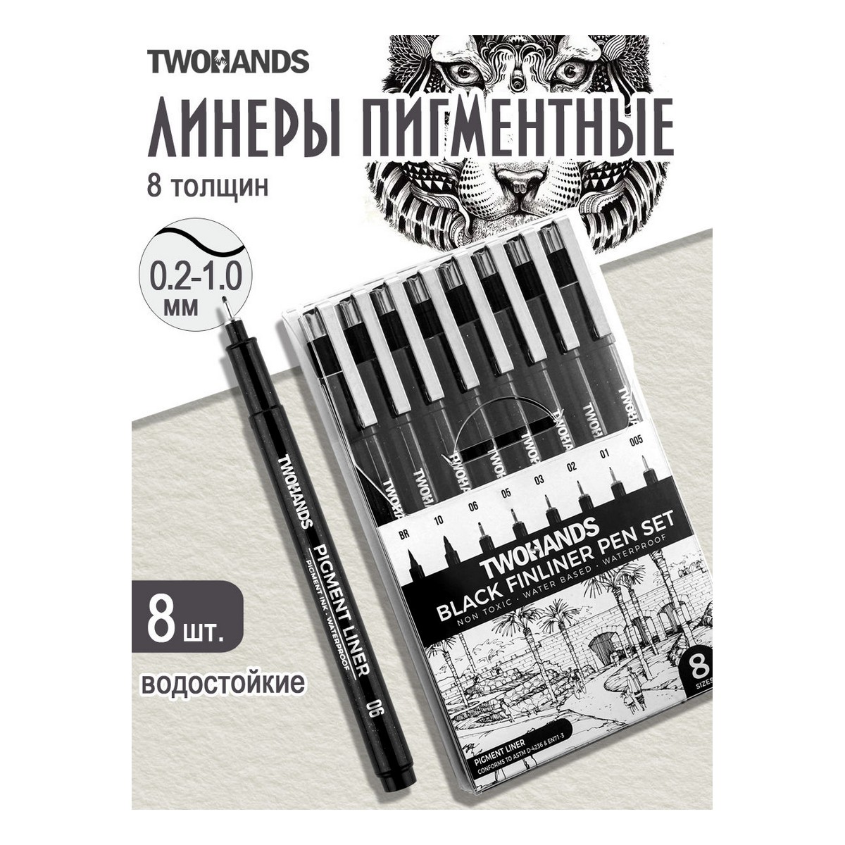 Пигментные линеры TWOHANDS набор черных 8 толщин линии. 8 шт в пластиковом футляре - фото 1