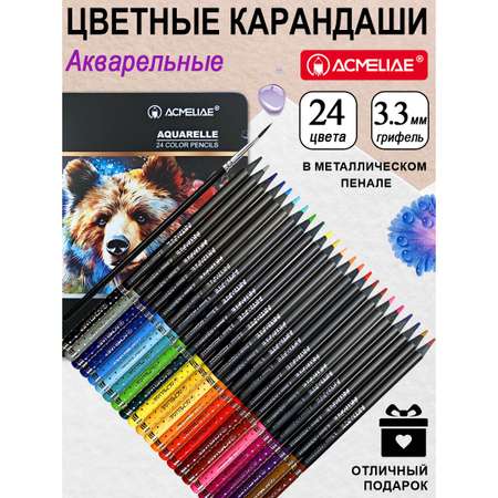 Набор акварельных цветных карандашей ACMELIAE Blackwood 24цв.+кисточка, металл футляр