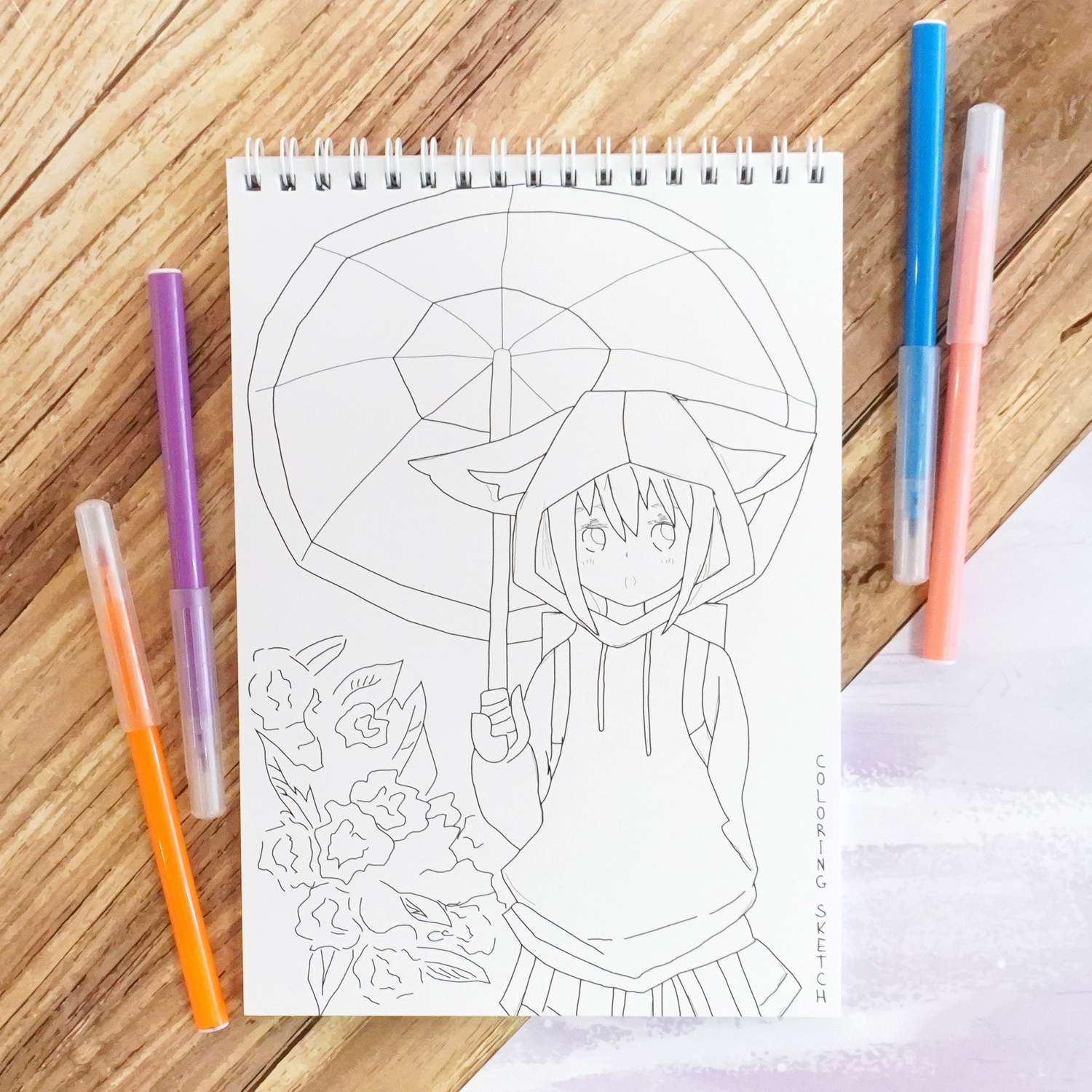 Скетчбук А5 с раскраской Пешта Аниме девочка с зонтиком 30 листов без разлиновки - фото 1