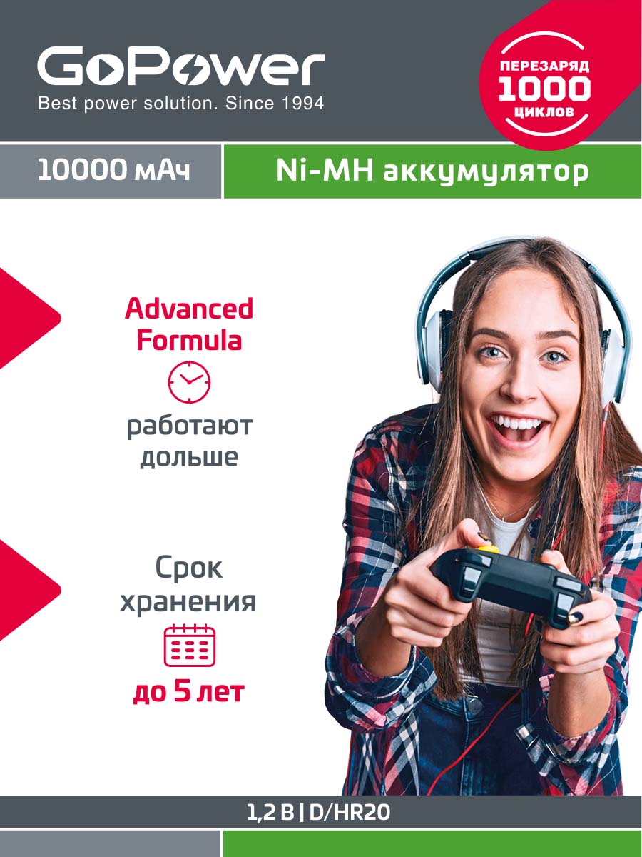 Аккумуляторные батарейки GoPower HR20 D BL2 NI-MH 10000mAh - фото 2