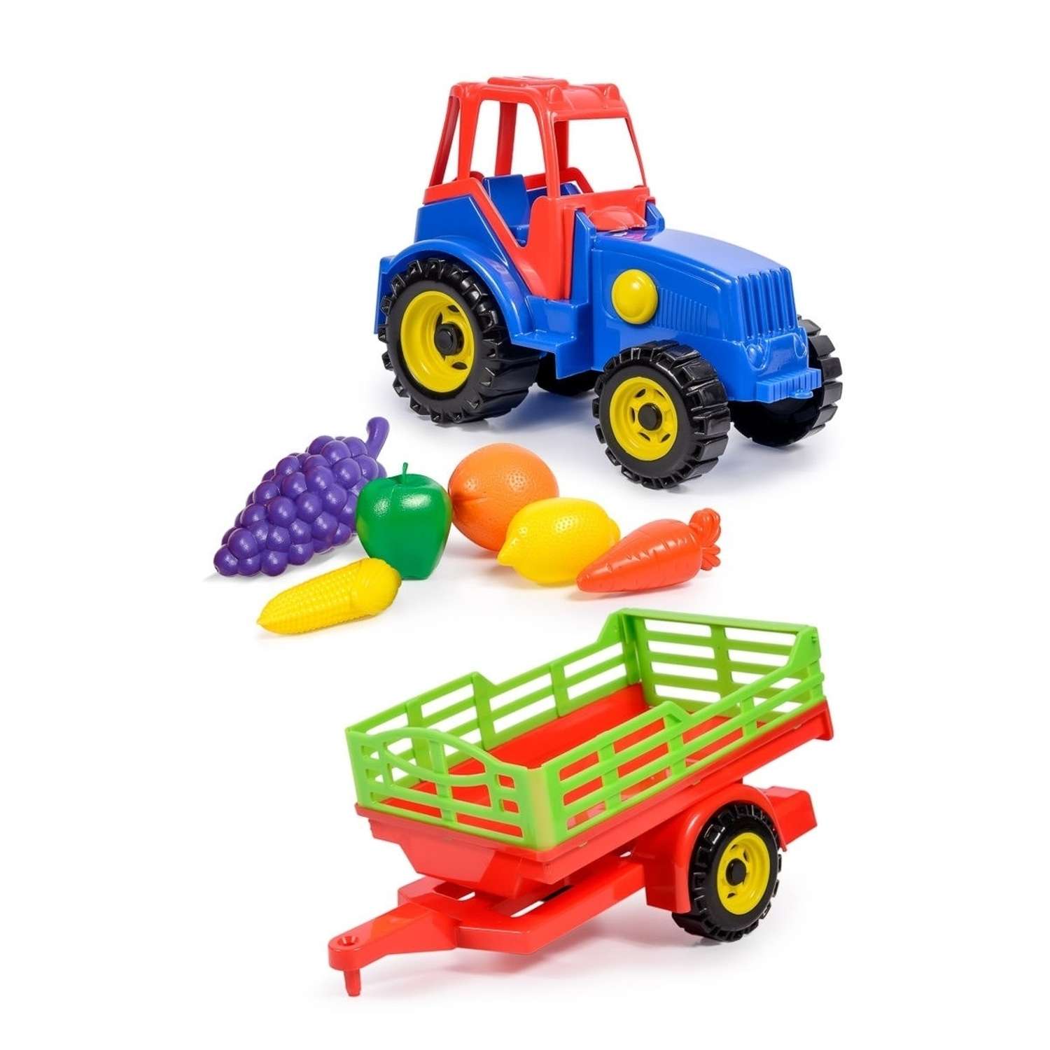 Синий трактор Green Plast с прицепом и набором овощей и фруктов ТР003 - фото 1