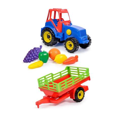Синий трактор Green Plast с прицепом и набором овощей и фруктов