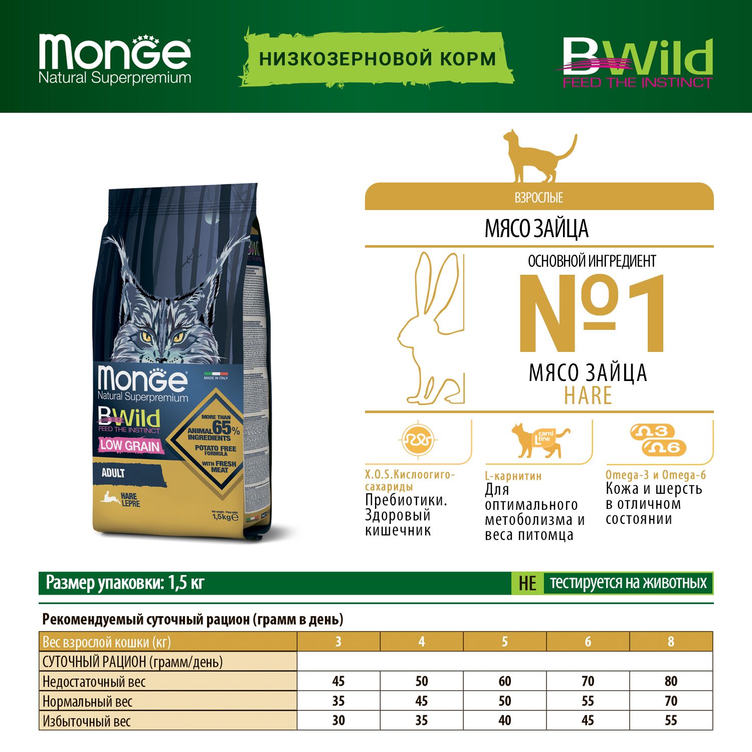 Корм сухой для кошек MONGE BWild Hare 1.5кг с мясом зайца взрослых - фото 7