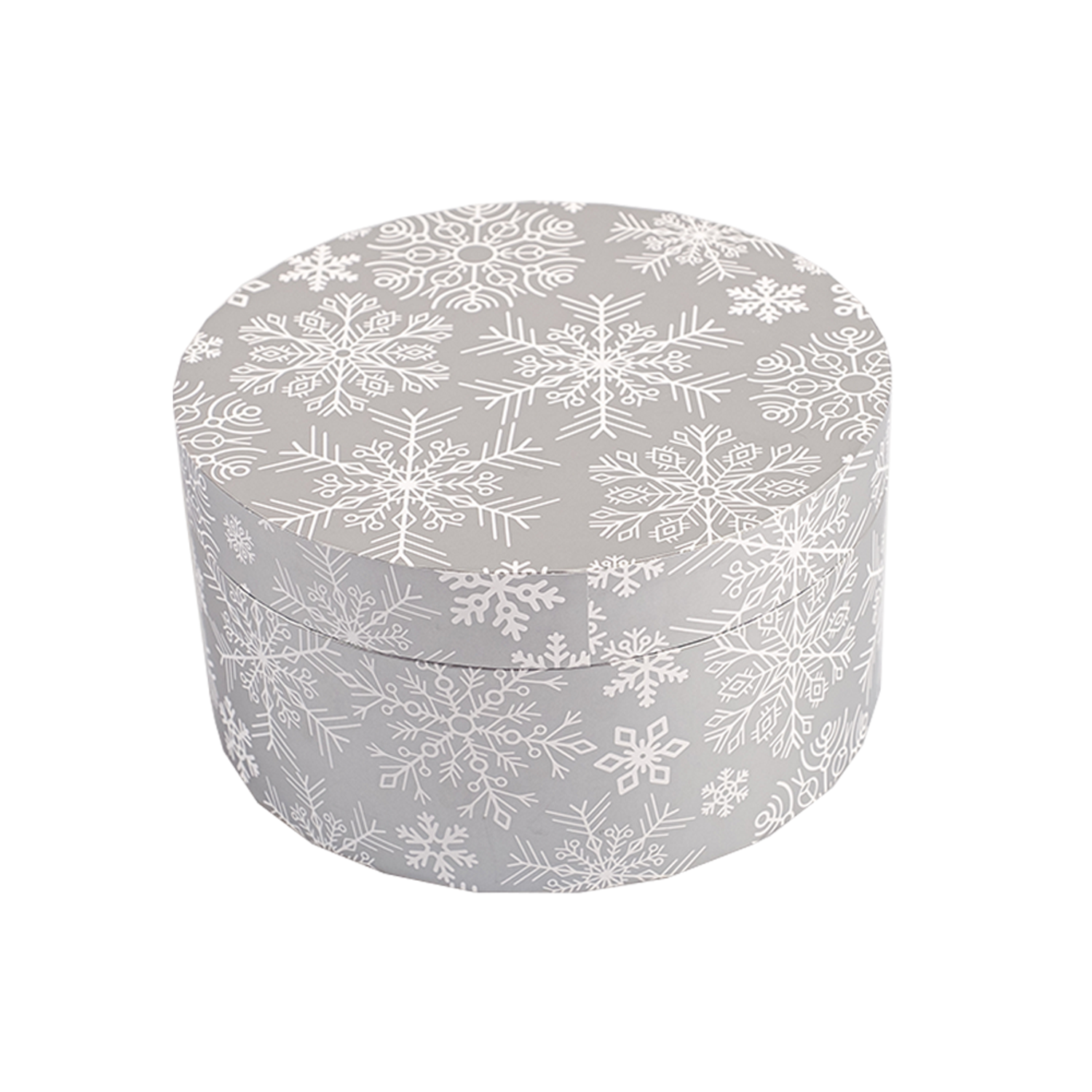 Коробка подарочная Cartonnage Снежинки серый металлик круглая - фото 1