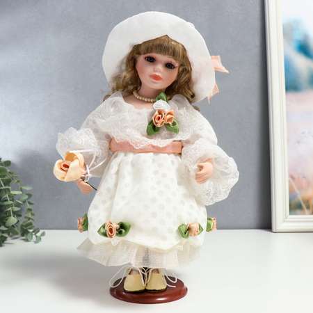 Кукла коллекционная Зимнее волшебство керамика «Шелли в белом платье шляпе и с розой» 30 см