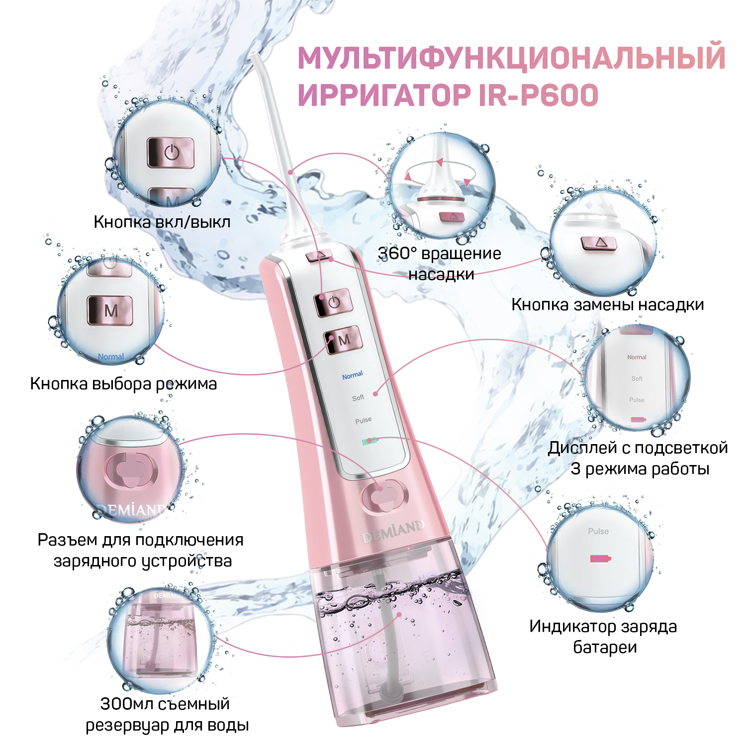 Портативный ирригатор DEMIAND Professional IR-P600/Розовый 4 насадки сумочка ёмкость 300 мл - фото 10