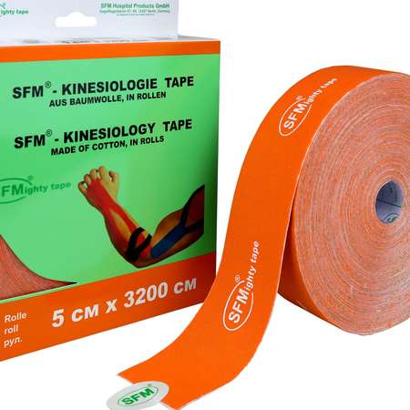 Кинезиотейп SFM Hospital Products Plaster на хлопковой основе 5х3200 см оранжевого цвета в диспенсере с логотипом