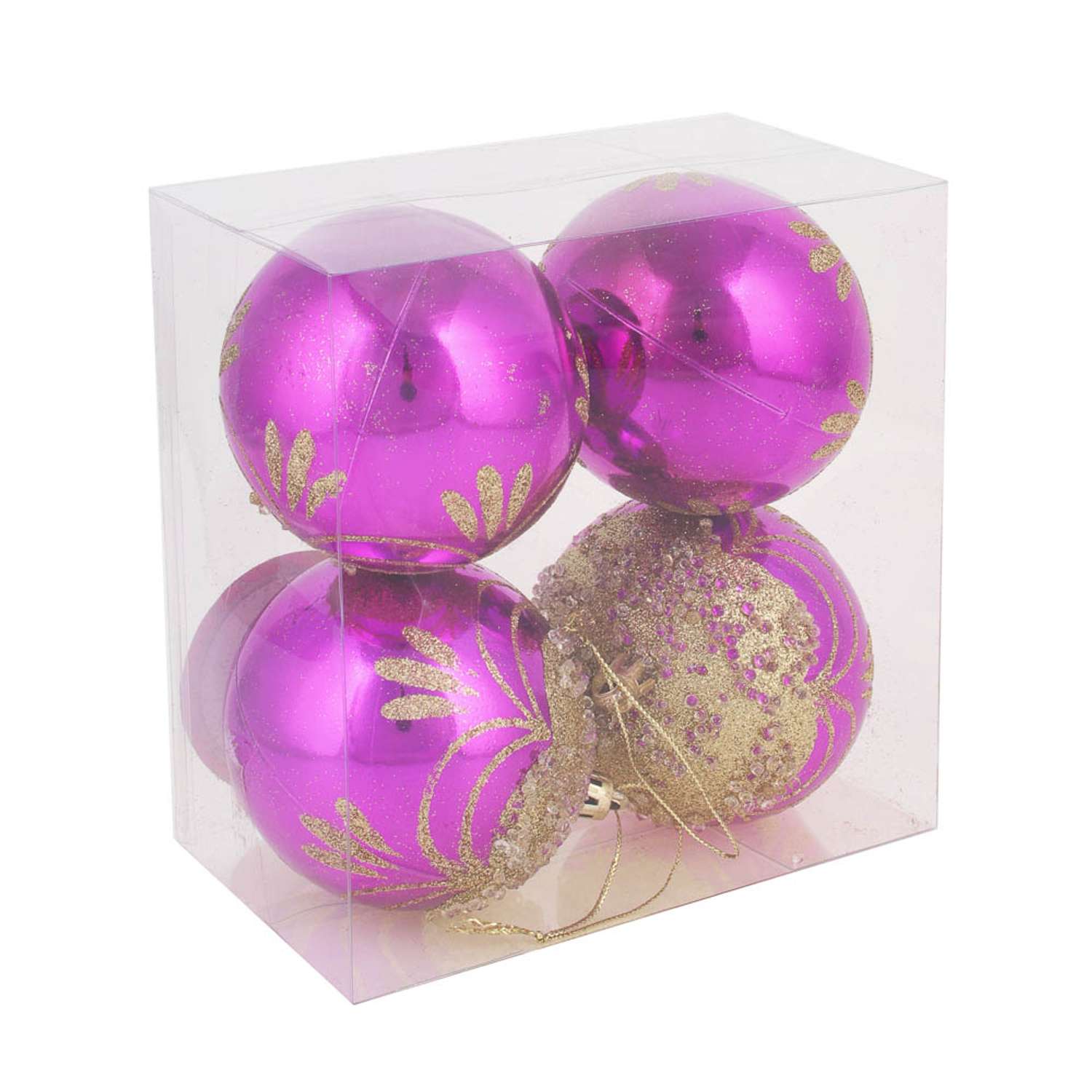 Набор ёлочных шаров Сноубум 4 шт 8 см маджента с золотом - фото 4