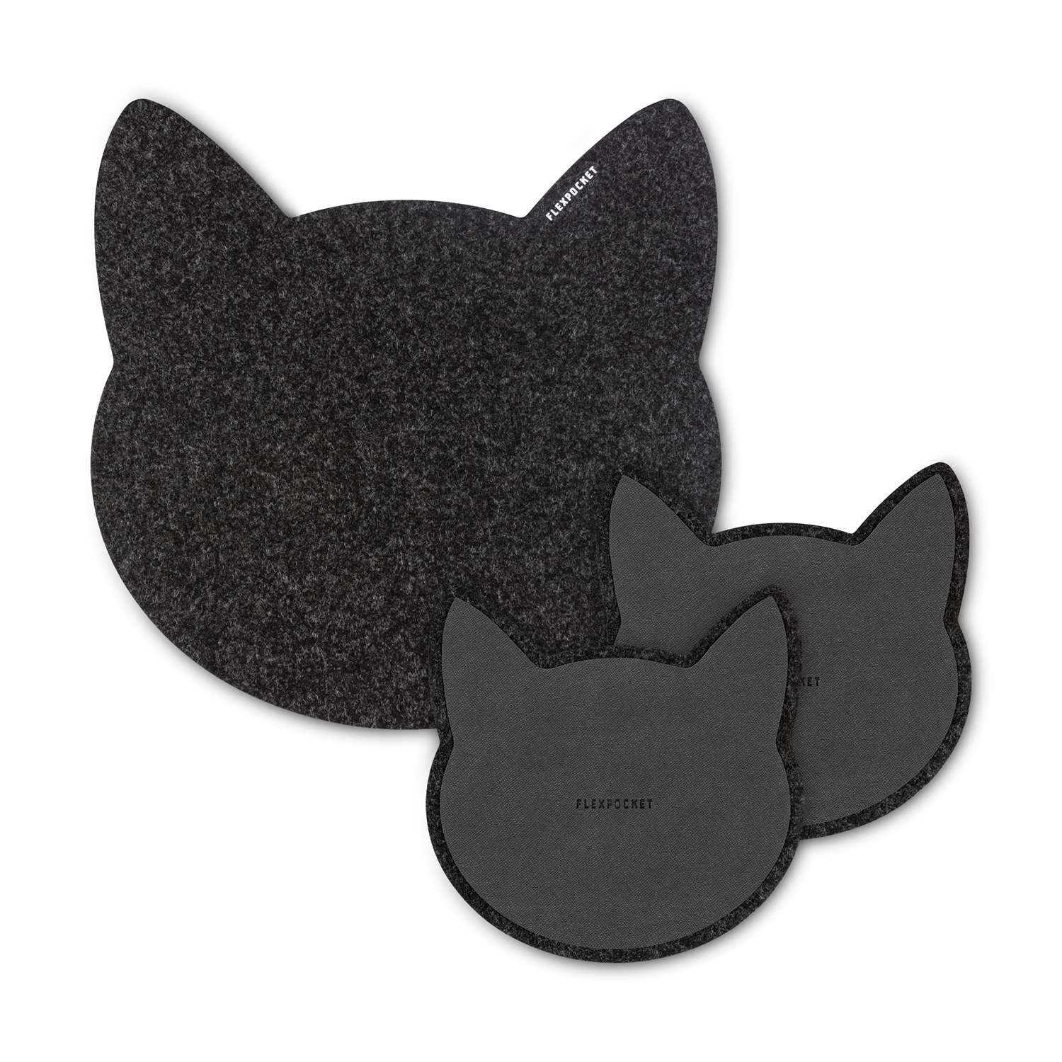 Настольный коврик Flexpocket для мыши в виде кошки + комплект с подставкой под кружку черный - фото 1