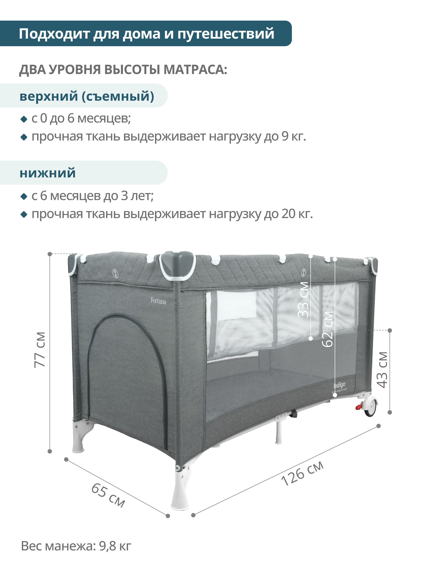 Манеж кровать детский Indigo Fortuna лен 2 уровня москитка 2 кольца серый 4627183286487 - фото 4