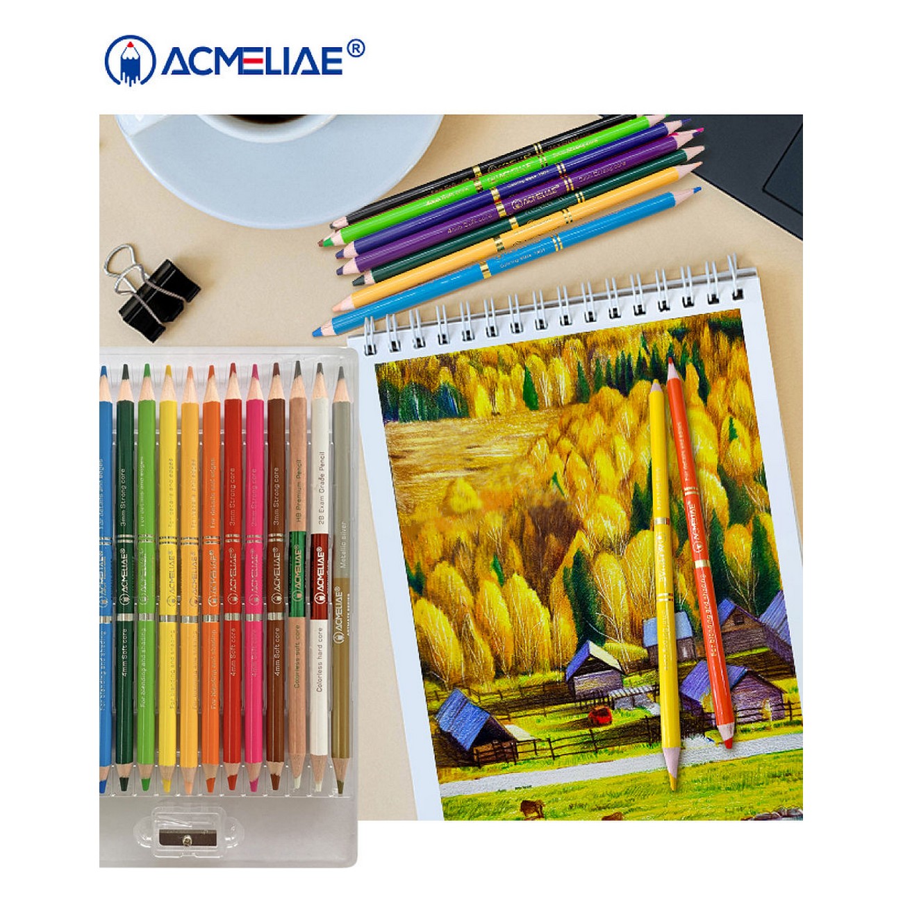 Карандаши цветные ACMELIAE двусторонние трехгранные 24 штуки 48 цветов и точилка в картонном футляре - фото 9