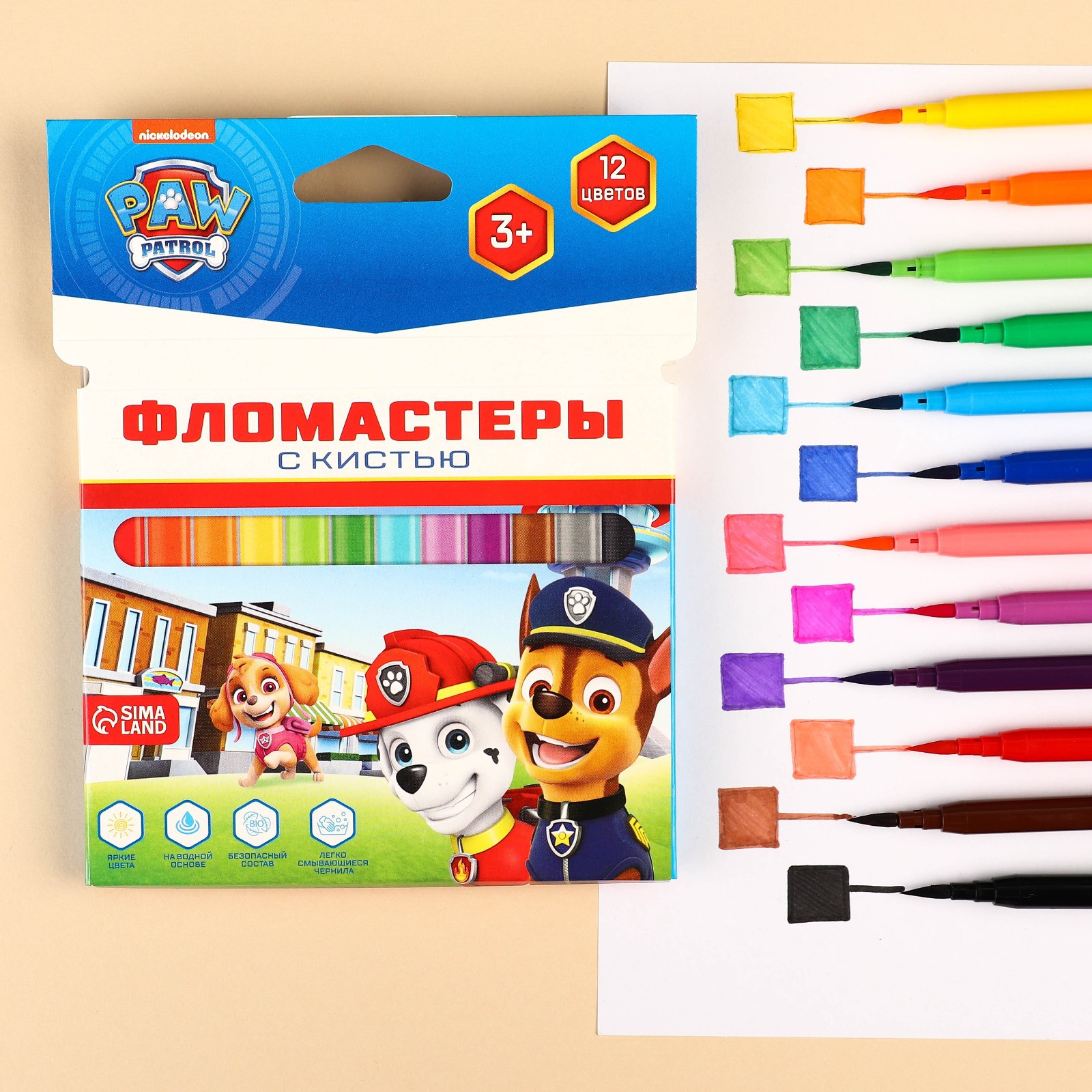 Фломастеры Paw Patrol с кистью 12 цветов Щенячий патруль - фото 1