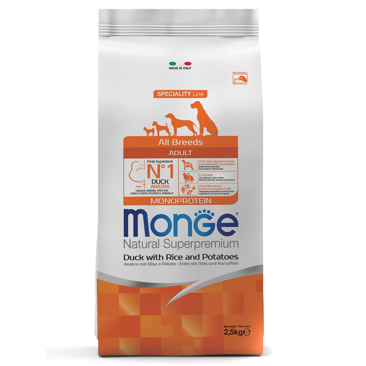 Корм для собак MONGE Dog Monoprotein всех пород утка с рисом и картофелем сухой 2.5кг - фото 1