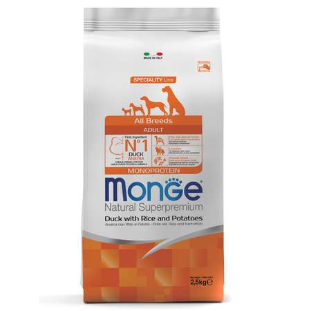 Корм для собак MONGE Dog Monoprotein всех пород утка с рисом и картофелем сухой 2.5кг