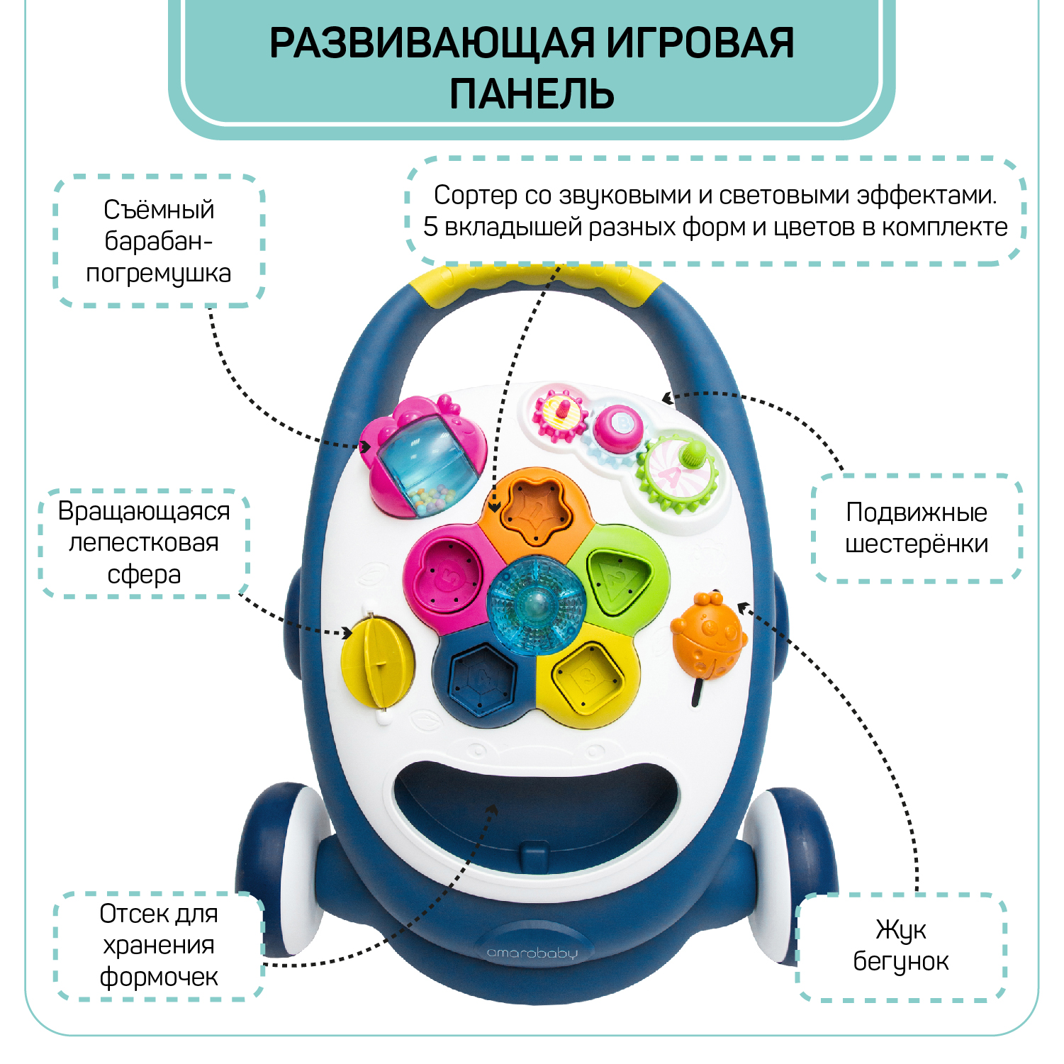 Каталка-ходунки Amarobaby Walking Way 2в1 музыкальная Синий - фото 5