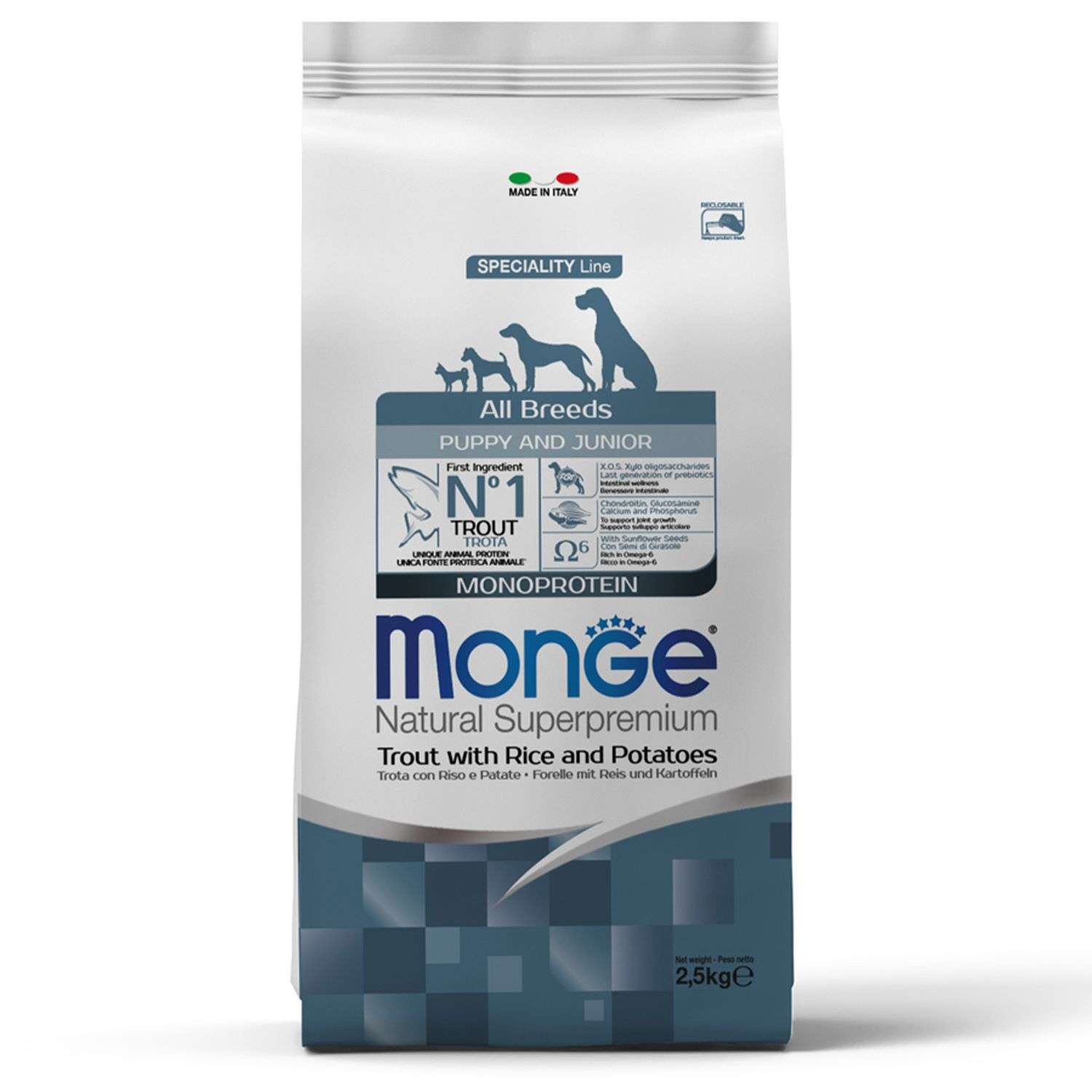 Корм для щенков MONGE 2.5кг Dog Speciality Line Monoprotein всех пород форель-рис-картофель - фото 1