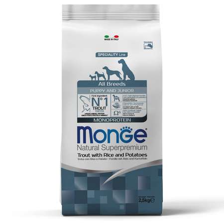 Корм для щенков MONGE 2.5кг Dog Speciality Line Monoprotein всех пород форель-рис-картофель