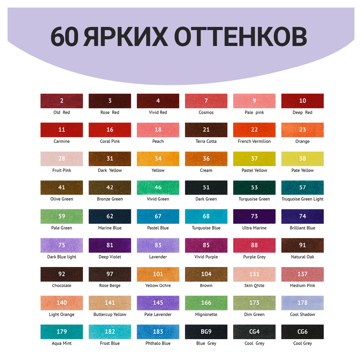 Набор двусторонних маркеров Meshu для скетчинга 60 цветов основные цвета корпус трехгранный - фото 5