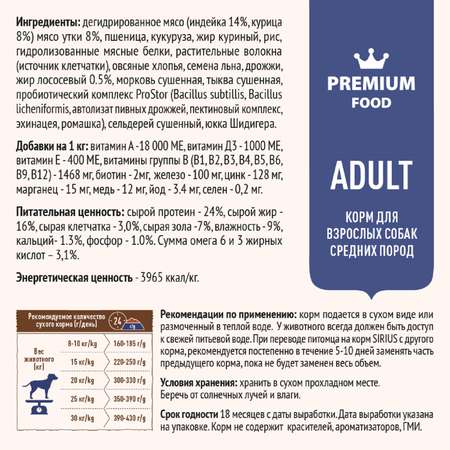 Корм для собак SIRIUS средних пород индейка-утка-овощи 2кг