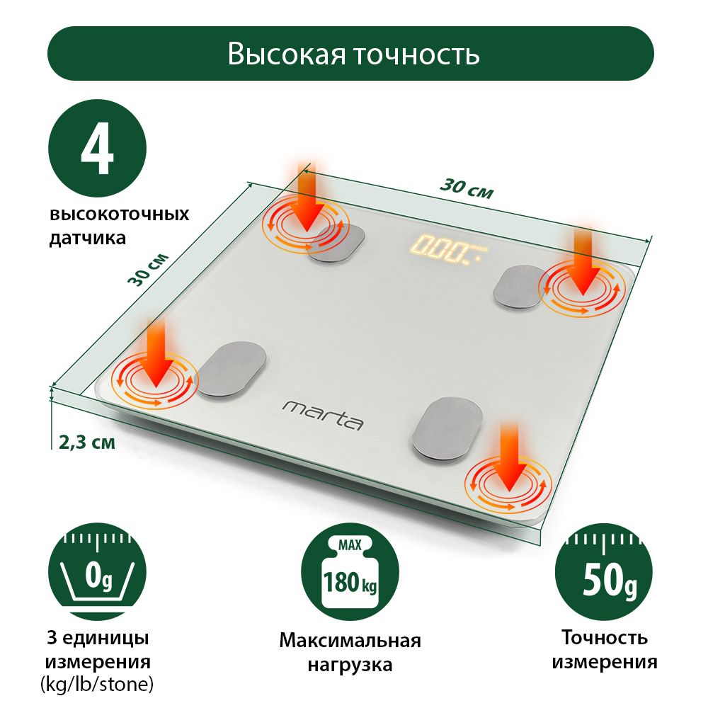 Умные весы напольные MARTA MT-1606 LED Bluetooth белый жемчуг