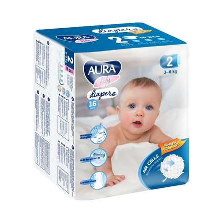 Подгузники AURA одноразовые для детей 2/S 3-6 кг 16шт
