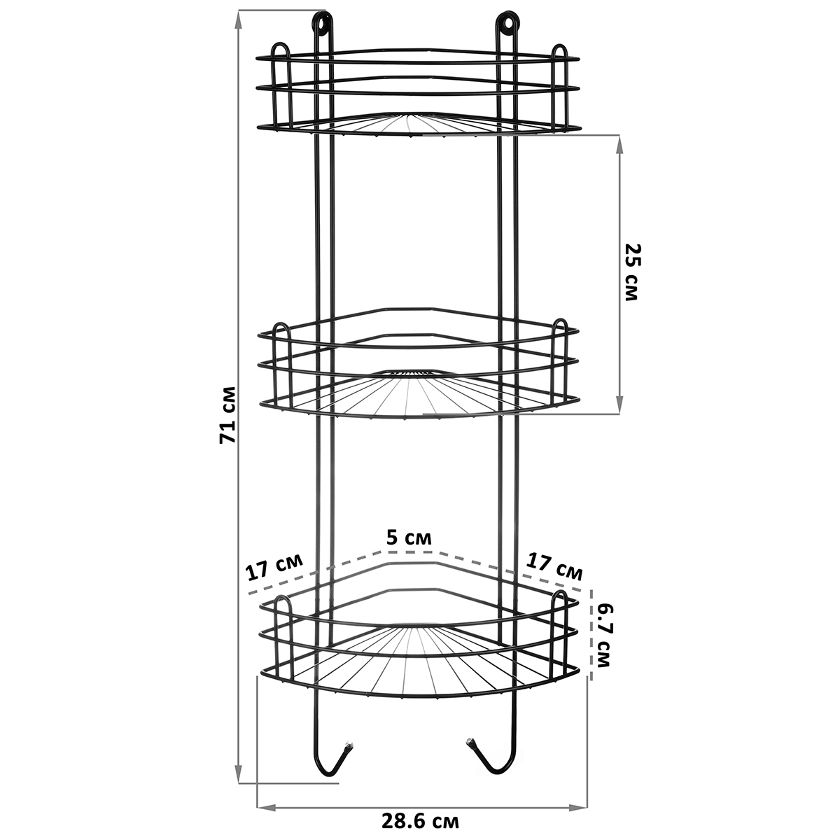 Полка для ванной угловая El Casa 3-х ярусная с крючками 28.6х18х71 см Черная радиальная глубокая - фото 2