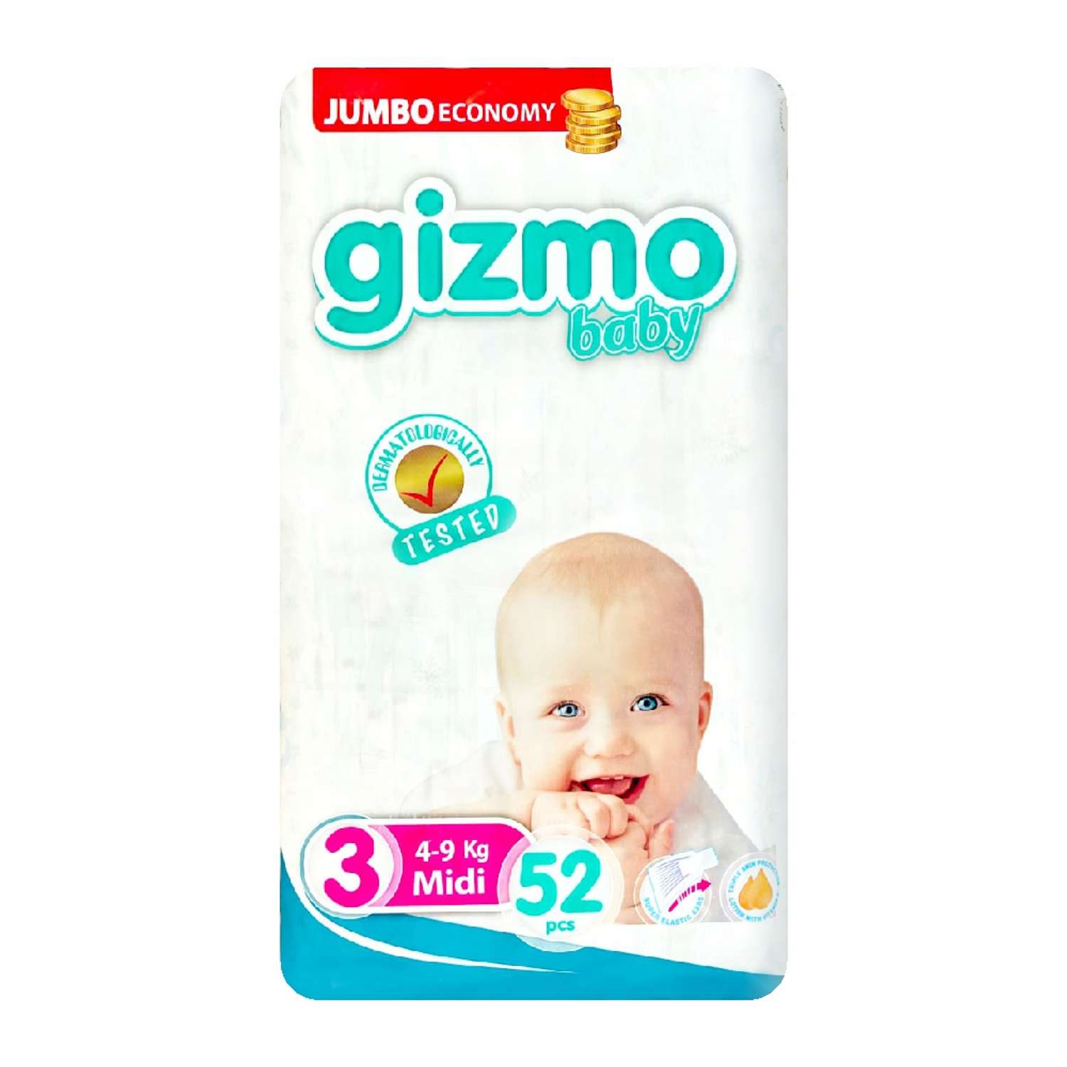 Подгузник одноразовый Gizmo Baby Midi 3 Jumbo 4-9 кг. 52 шт. - фото 1