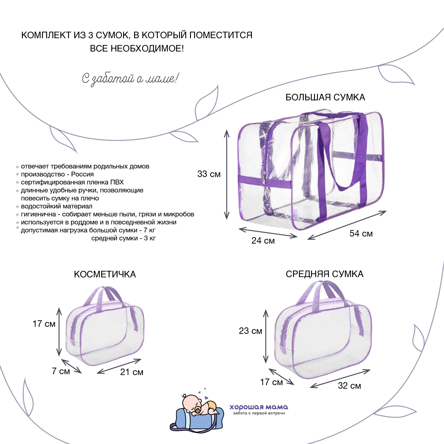 Готовая сумка в роддом Хорошая Мама Стандарт 56 предметов фиолетовая - фото 11