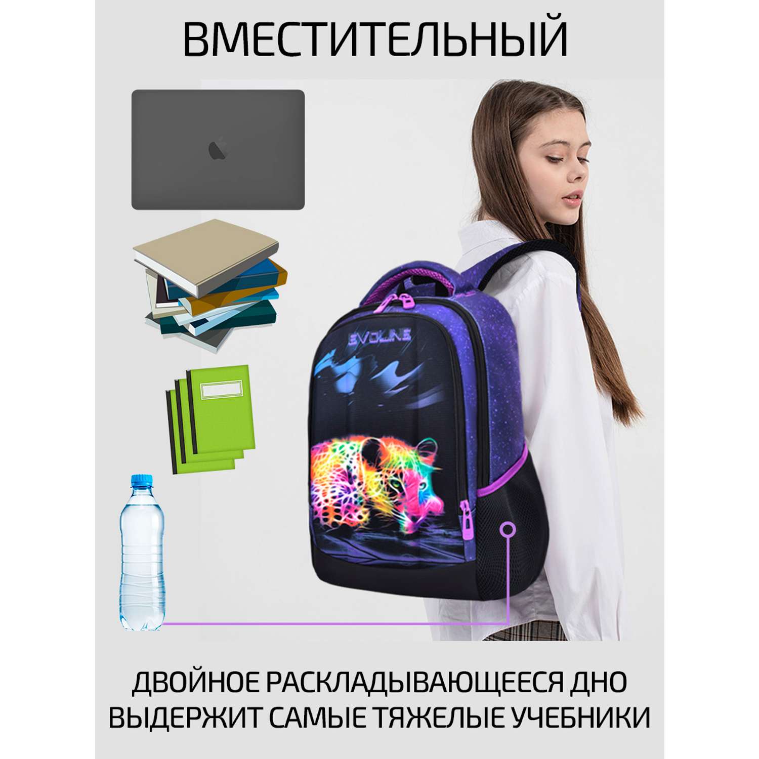 Рюкзак школьный Evoline Черный цветной леопард 41см спинка BSKY-LEO-2 - фото 3