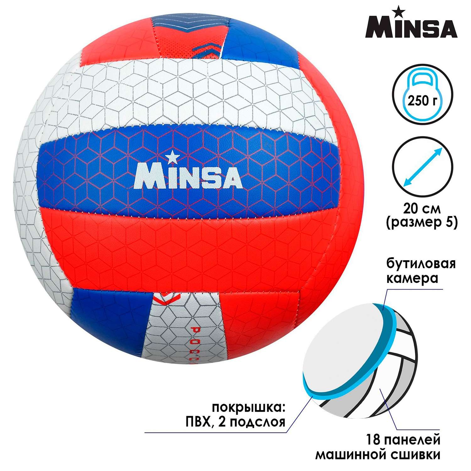 Мяч MINSA волейбольный «РОССИЯ». ПВХ. машинная сшивка. 18 панелей. размер 5. 250 г - фото 3