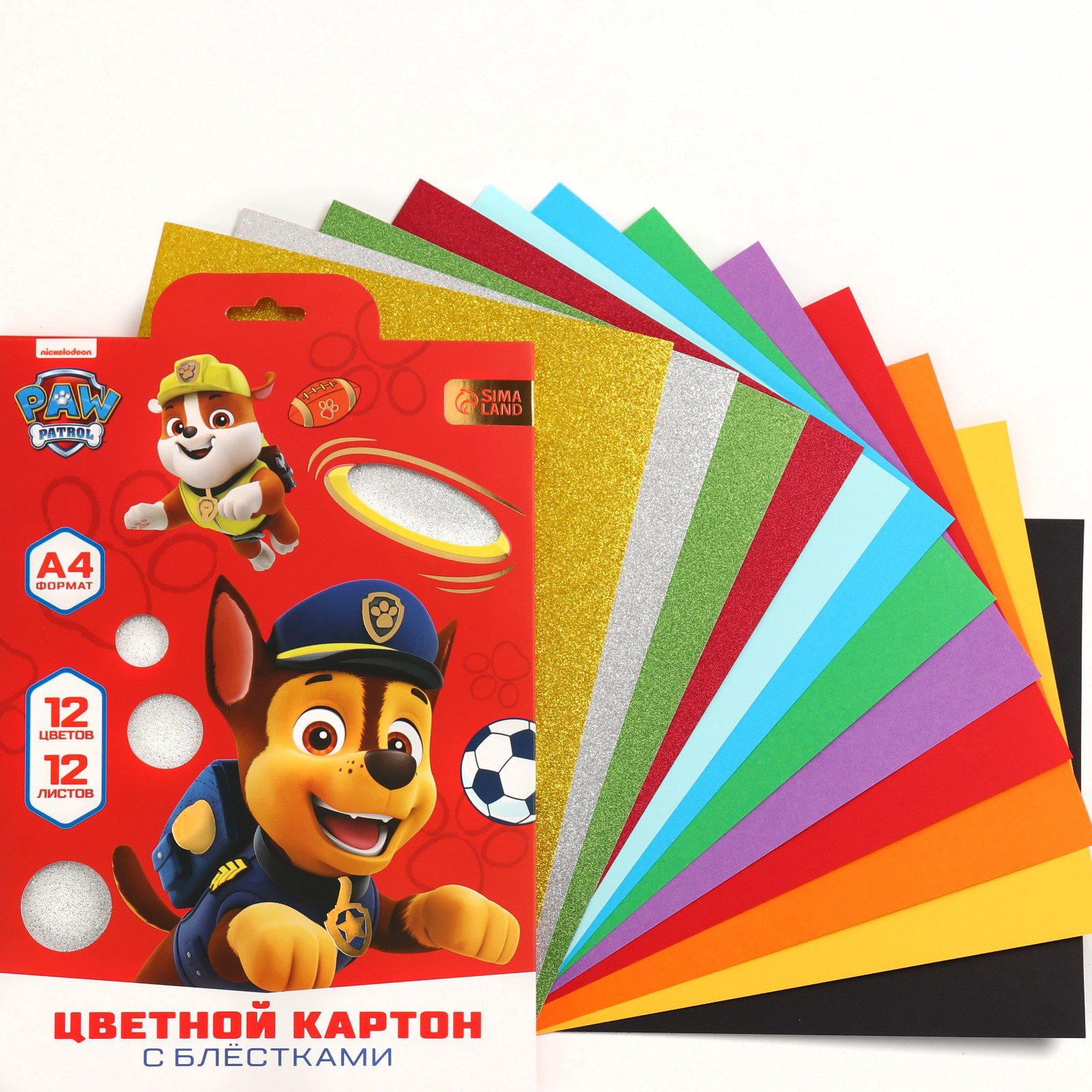 Набор Paw Patrol цветного картона «Щенячий патруль»: 4 цвета с блёстками + 8 цветов - фото 1