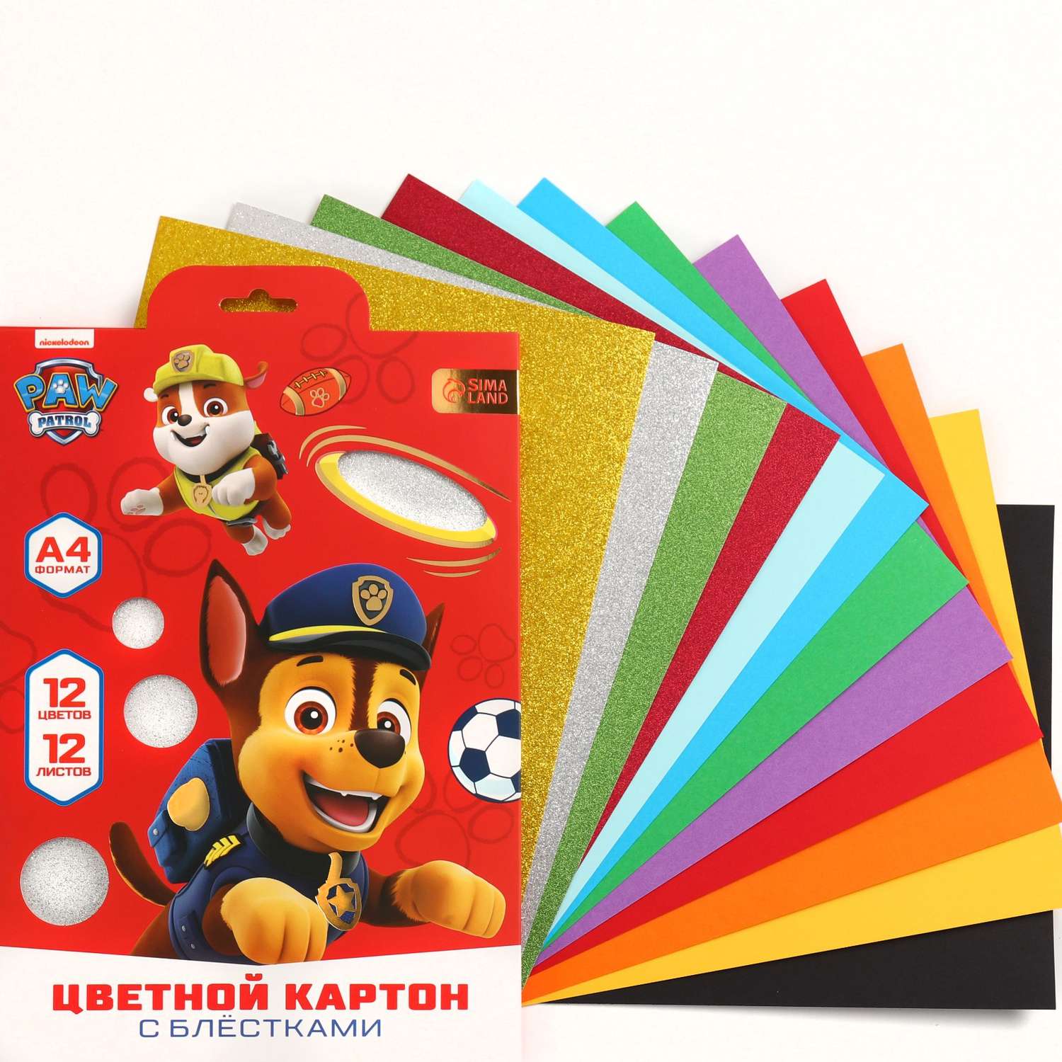 Набор Paw Patrol цветного картона «Щенячий патруль»: 4 цвета с блёстками + 8 цветов - фото 1