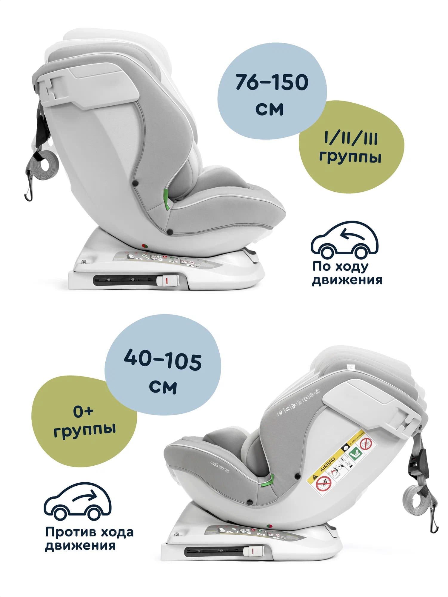 Автокресло Junion Julsi i-size группа 0+/1/2/3 0-36 кг 0-12 лет 360° Isofix серый - фото 6