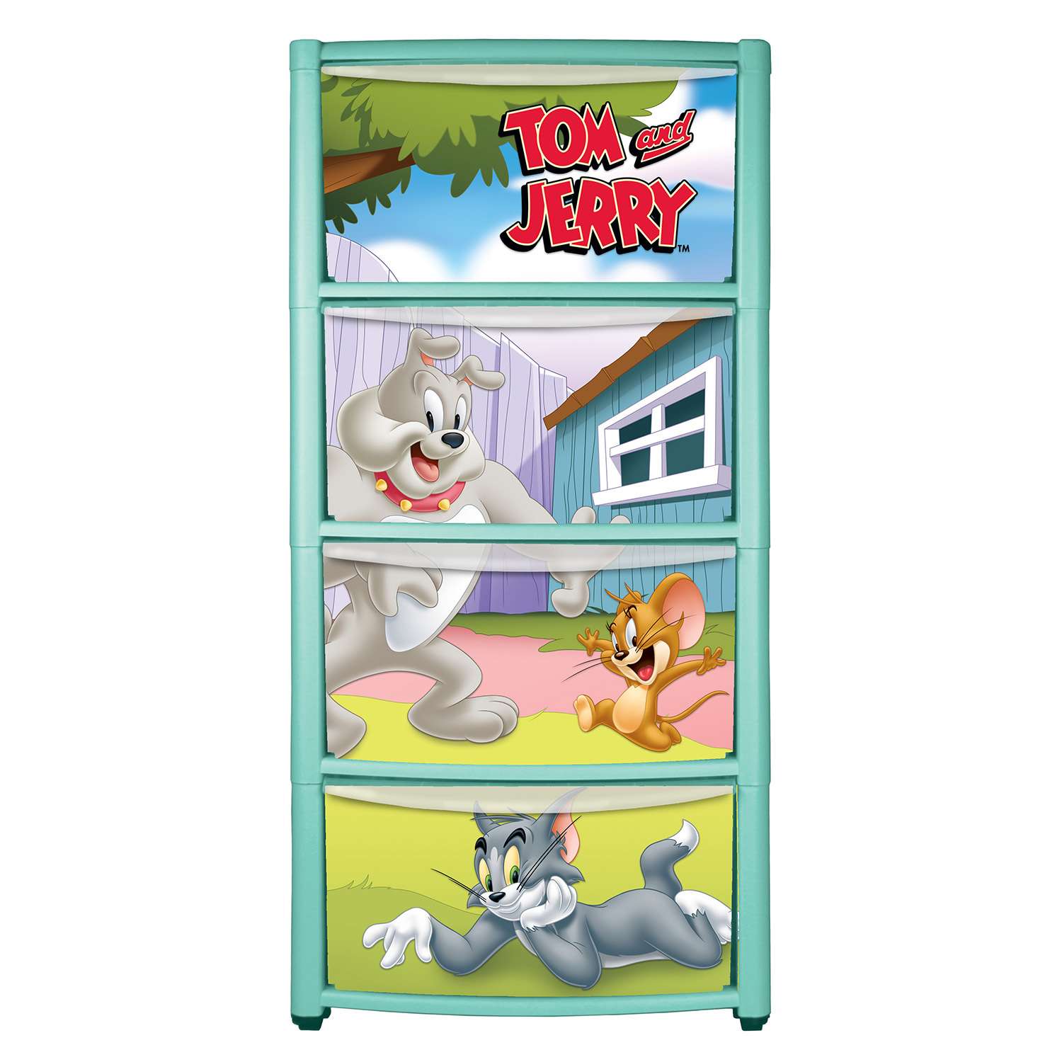 Комод Пластишка Tom and Jerry на колесах 4 ящика с аппликацией Бирюзовый - фото 2
