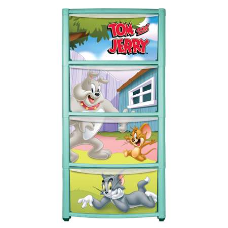 Комод Пластишка Tom and Jerry на колесах 4 ящика с аппликацией Бирюзовый