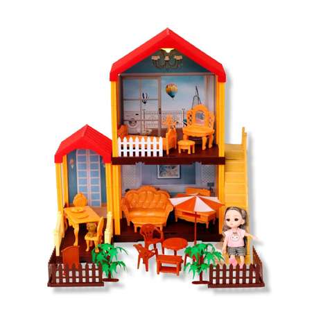 Кукольный домик 2 этажа ТОТОША игровой набор с шарнирной куклой и собачкой 92 детали