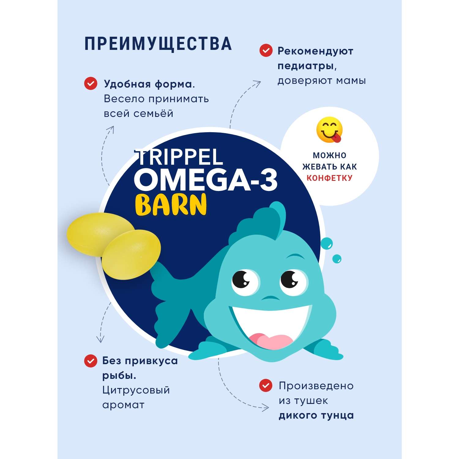 Омега 3 Biopharma Омега 3 для детей с витамином Д3 Trippel Omega 3 Barn рыбий жир 120 жевательных капсул - фото 2