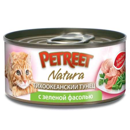 Корм влажный для кошек Petreet 70г кусочки тихоокеанского тунца с зеленой фасолью в рыбном бульоне консервированный