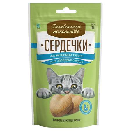 Лакомство для кошек Деревенские лакомства сердечки с таурином для сердца 30г