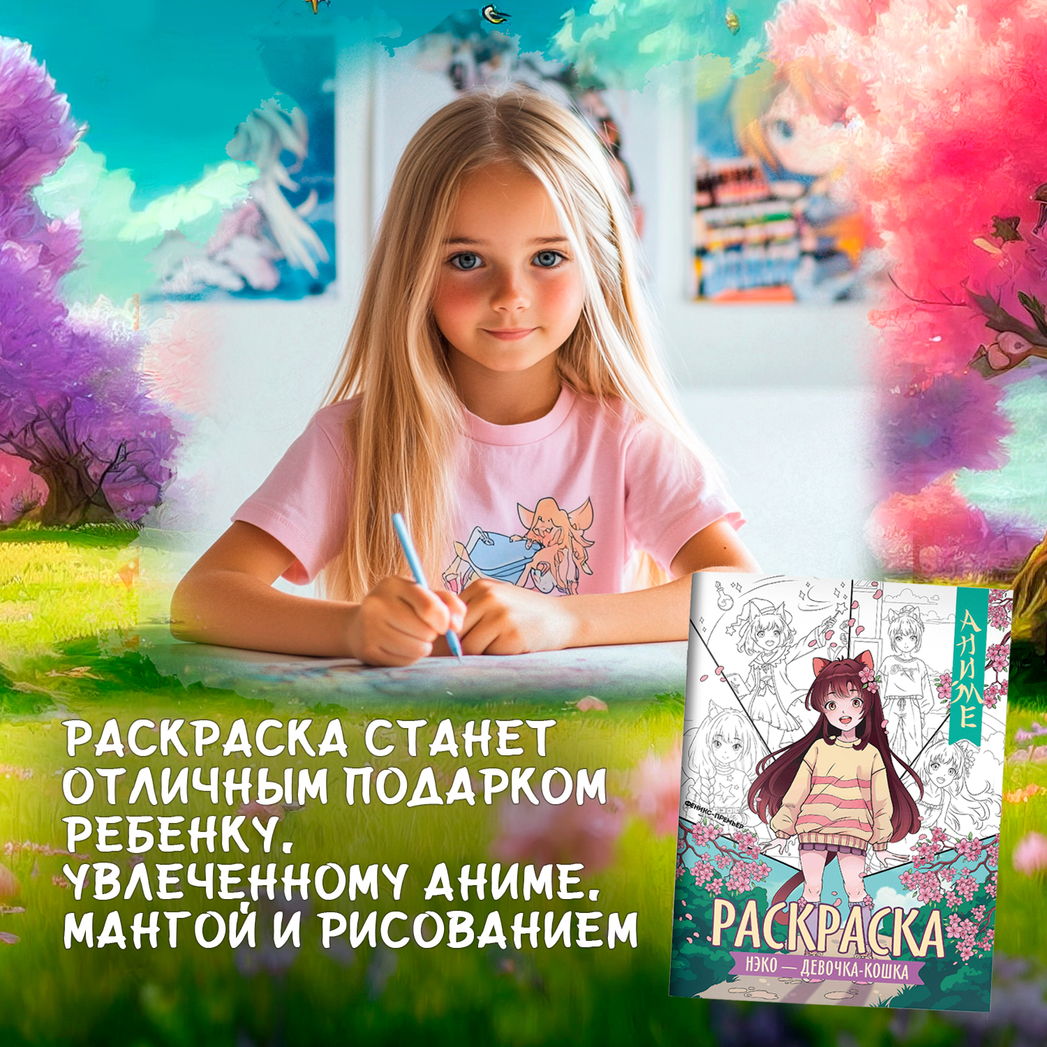 Книга раскраска Феникс Премьер Нэко девочка кошка - фото 6