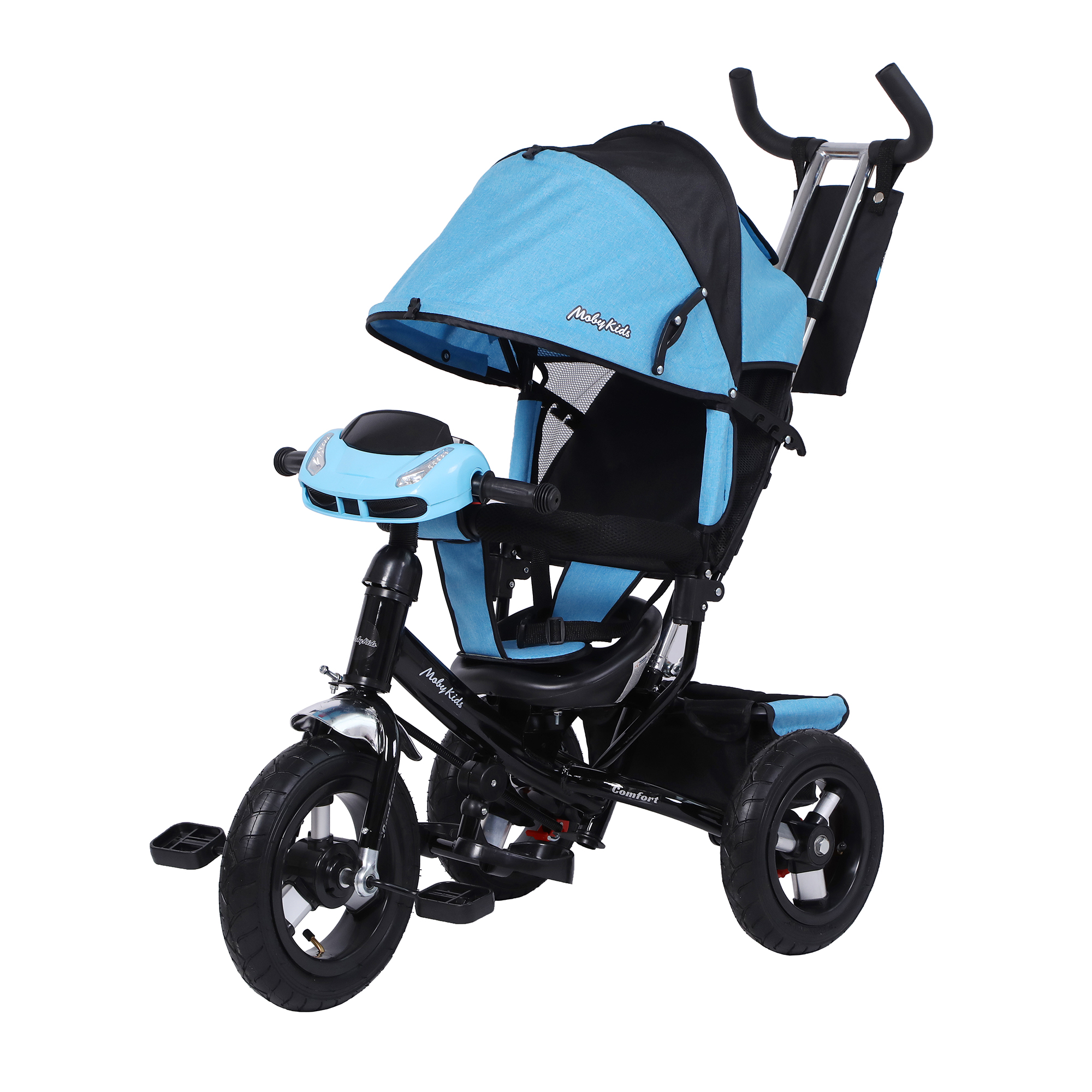 Велосипед трехколесный Moby kids Comfort 12x10 AIR CAR синий меланж с ручкой - фото 4