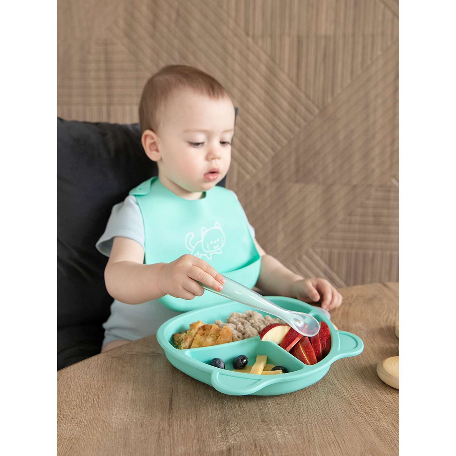 Набор посуды Baby Nice для детей с нагрудником силикон мятный - фото 3
