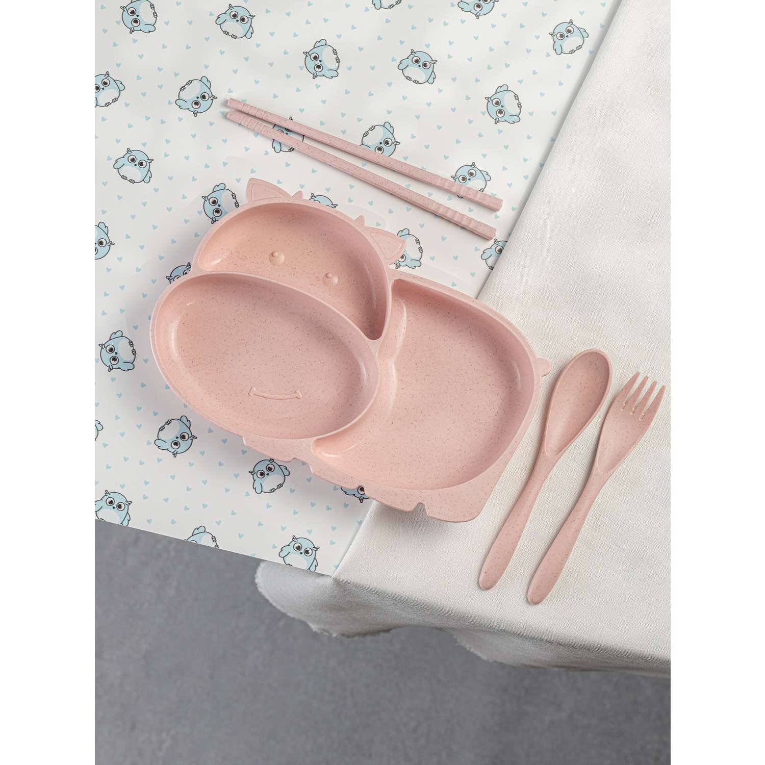 Набор детской посуды Добрый Филин Тарелка вилка ложка Коровка розовая 4 предмета - фото 10