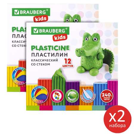 Пластилин Brauberg для лепки детский набор 2 штуки x 12 цветов в школу 2 стека