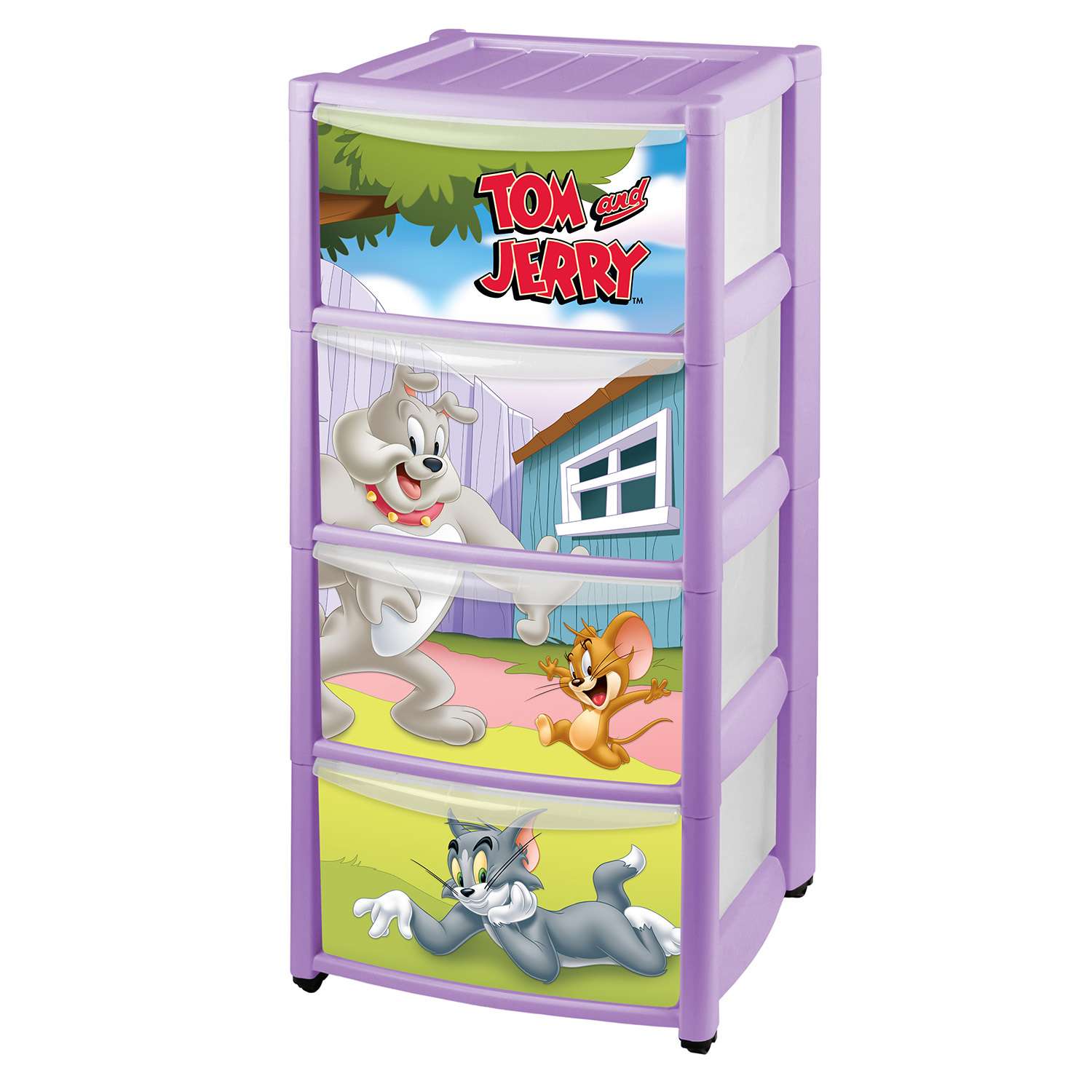 Комод Пластишка Tom and Jerry на колесах 4 ящика с аппликацией Сиреневый - фото 1