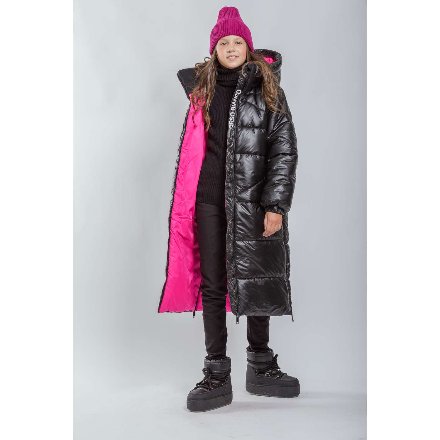 Пальто Orso Bianco OB41124-22_черный блеск/ярк.розовый - фото 1