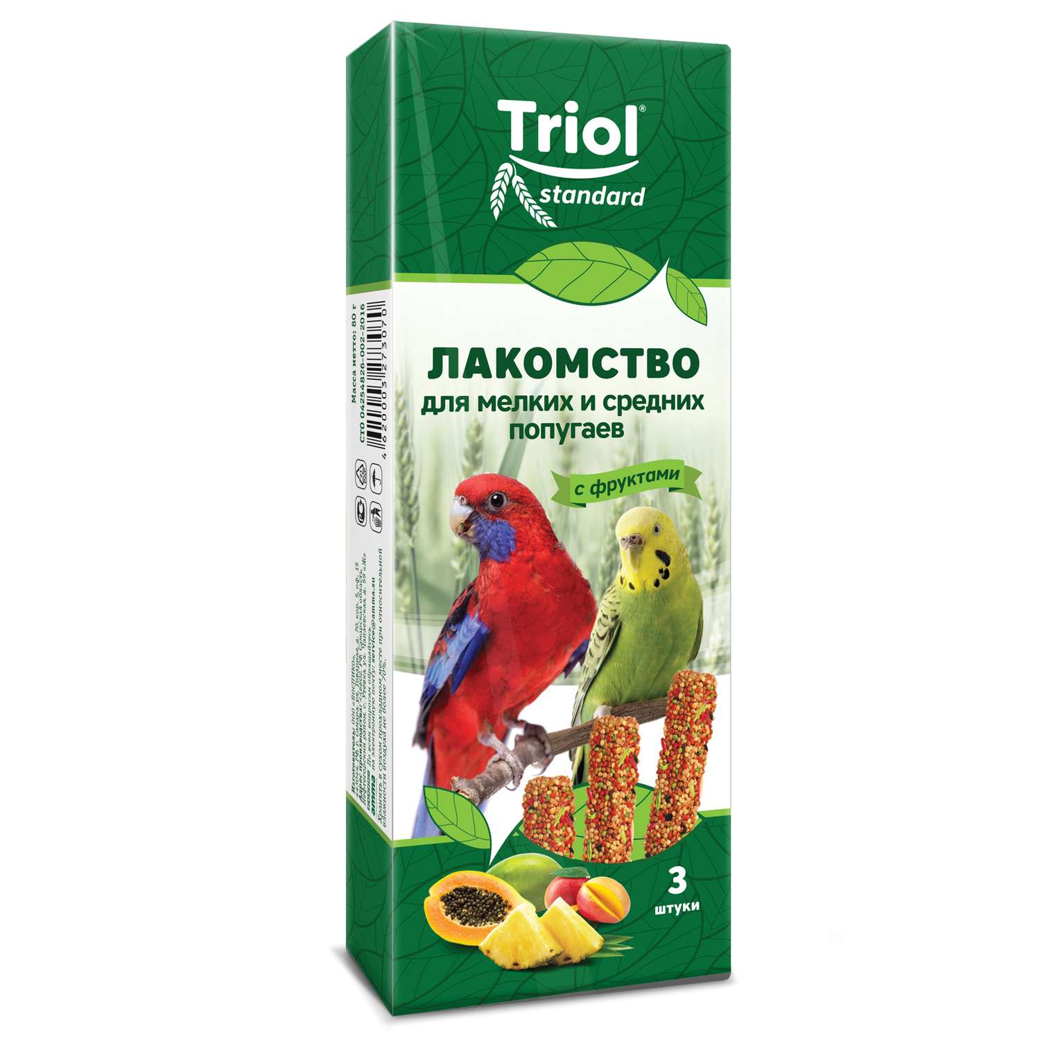 Лакомство для попугаев Triol 80г Standard мелких и средних с фруктами 3шт - фото 1