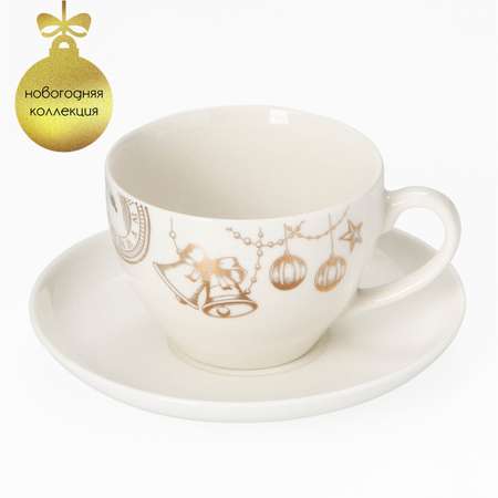 Чайная пара Доляна фарфоровая «Праздничное настроение» 2 предмета: чашка 280 мл блюдце d=15 см цвет белый